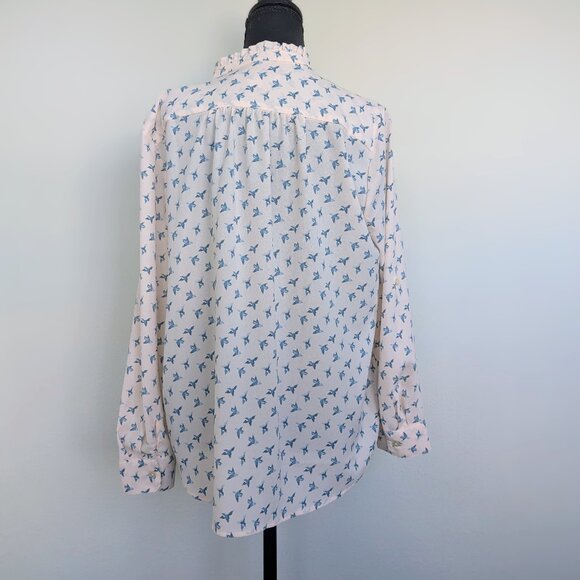 LOFT Large Petite Light Pink Blue Bird Print Button-Up Ruffle Collar Blouse - Picture 6 of 6
